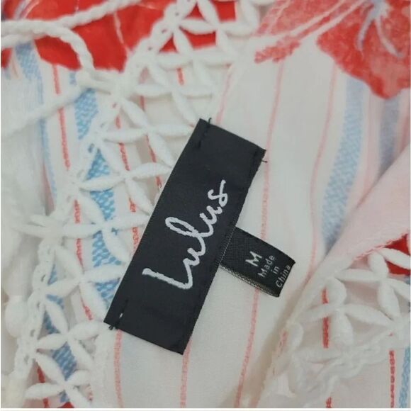 NEW Lulu's Pretty Mama White Tropical Print Lace-Up Short Sleeve Dress Size Med - Picture 8 of 12